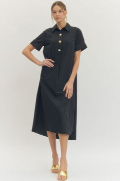 Black Gold Button Midi Dress