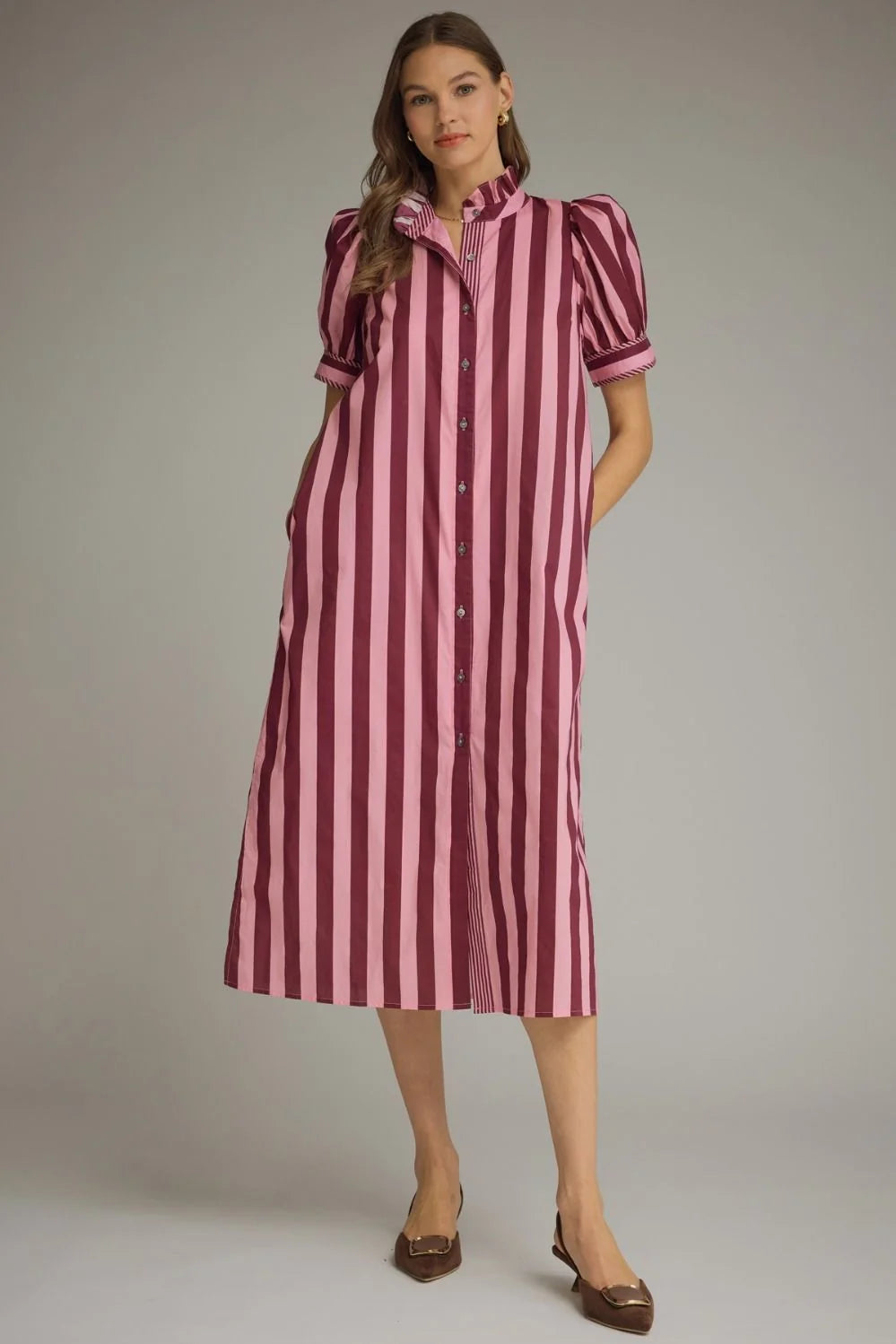 Stripe Ruffle Neck Midi Dress