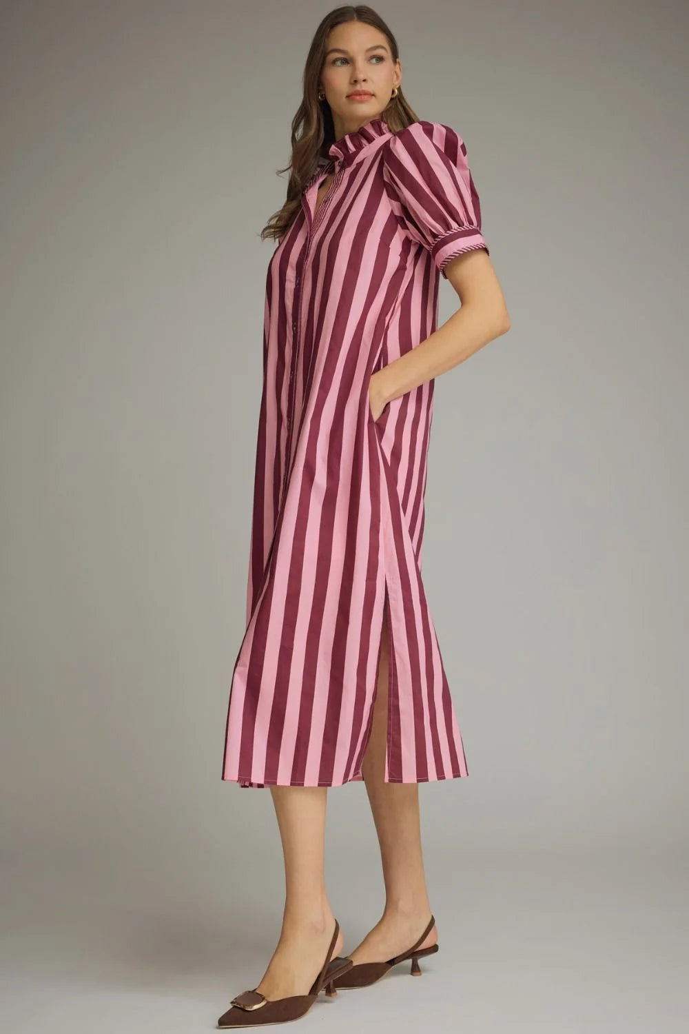 Stripe Ruffle Neck Midi Dress
