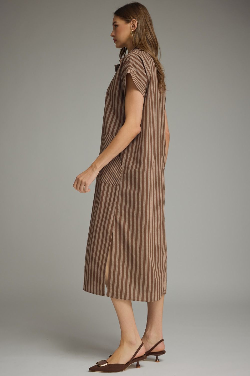 Striped Collared Pocket Midi Dress