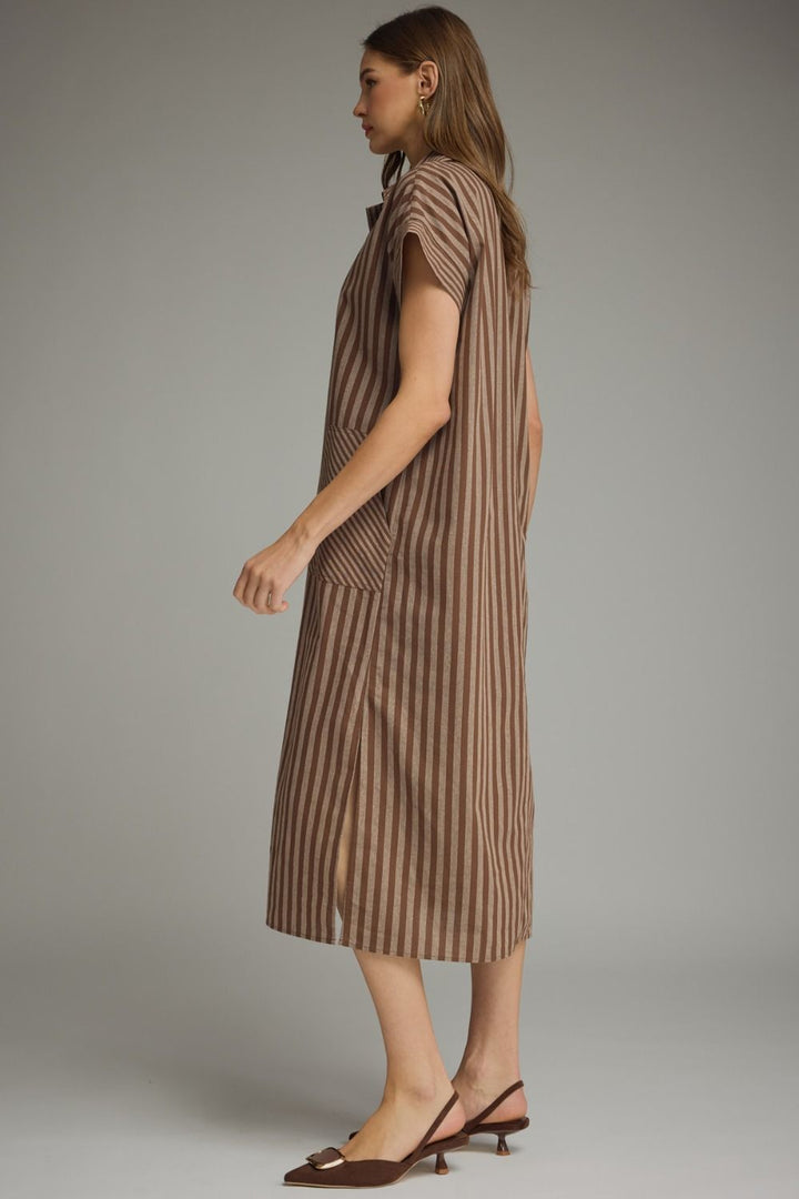 Striped Collared Pocket Midi Dress