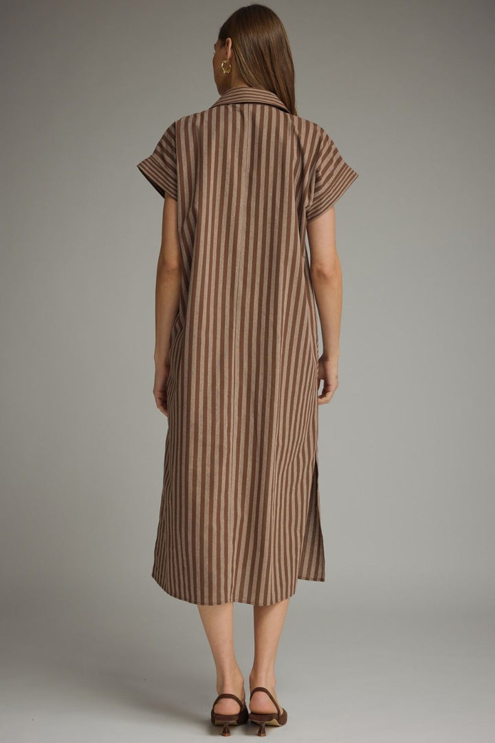 Striped Collared Pocket Midi Dress