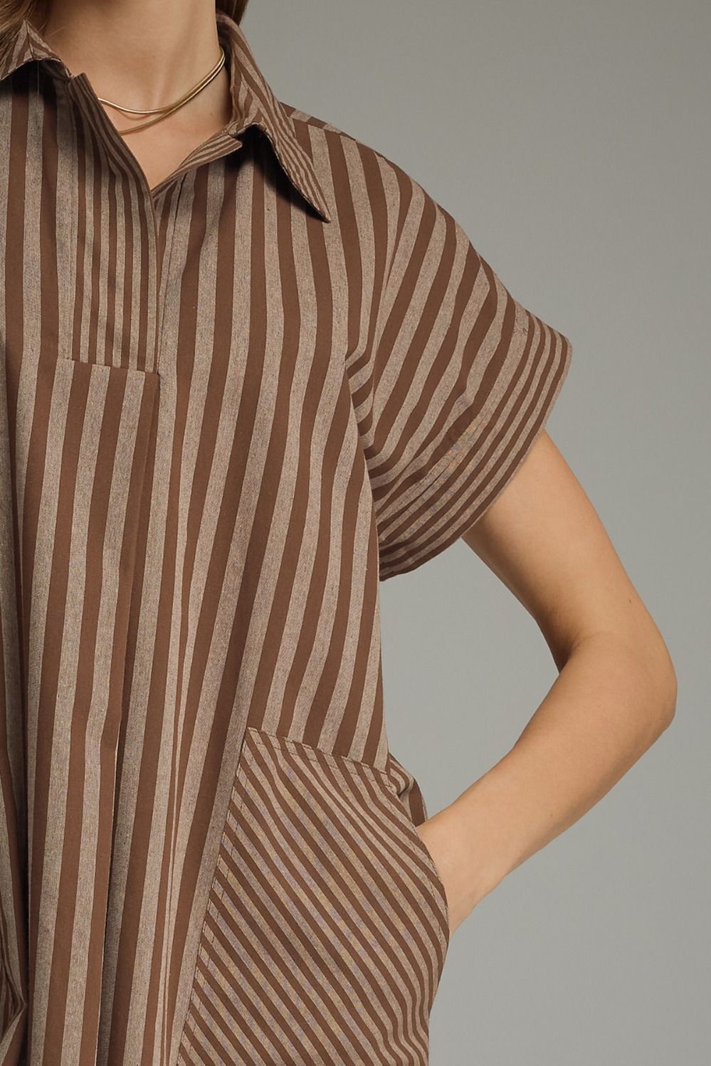 Striped Collared Pocket Midi Dress
