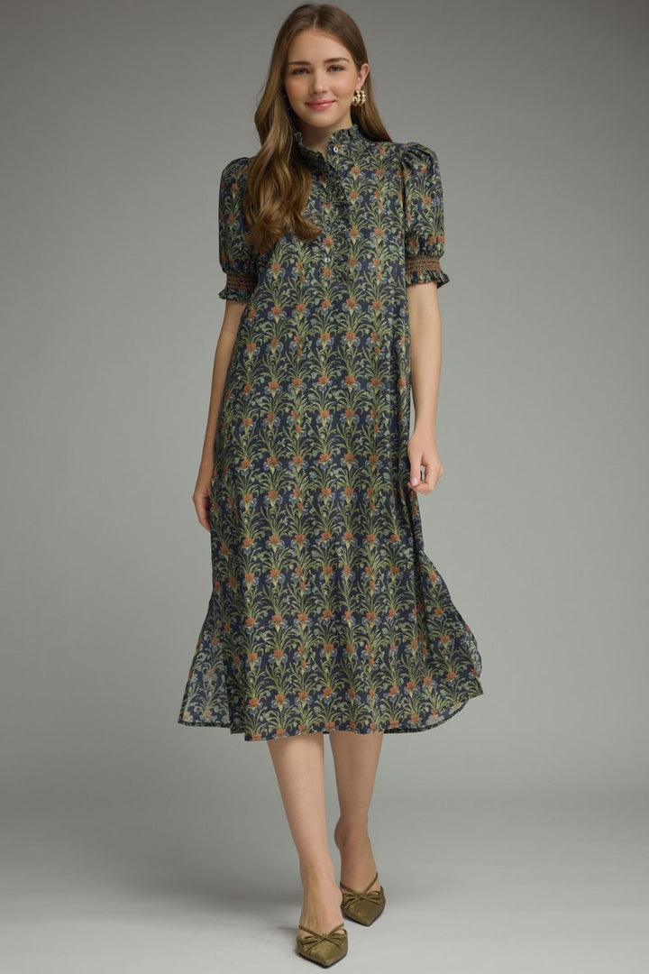 Ruffle Neck Floral Midi Dres