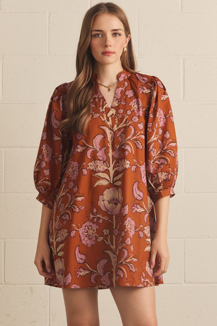 Rust Floral Puff Sleeve Mini Dress