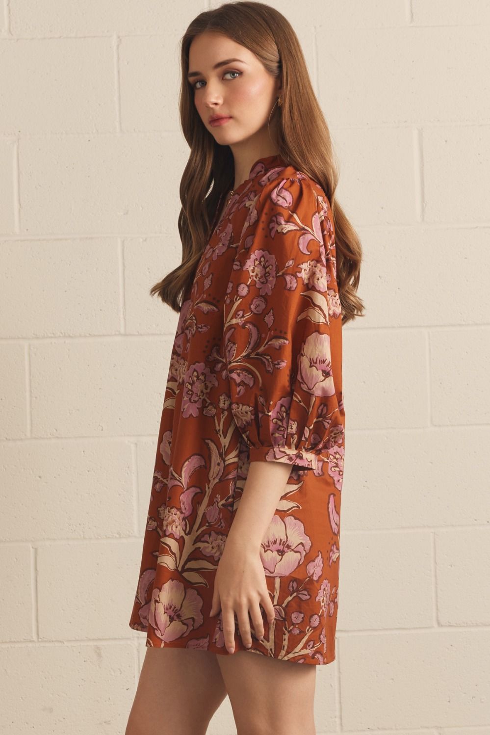 Rust Floral Puff Sleeve Mini Dress