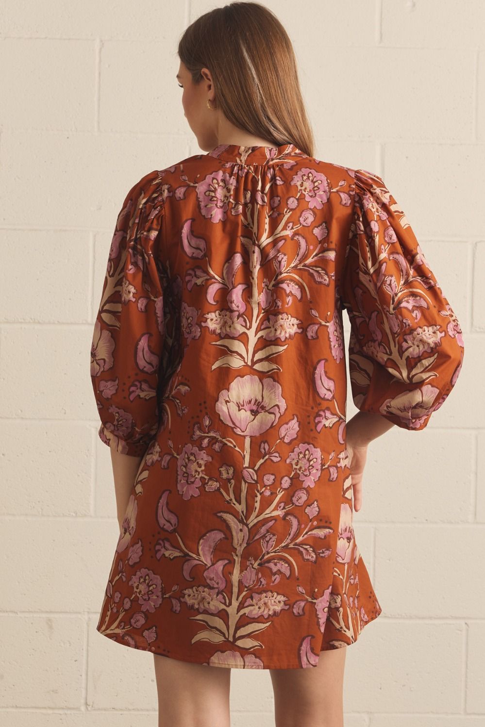 Rust Floral Puff Sleeve Mini Dress