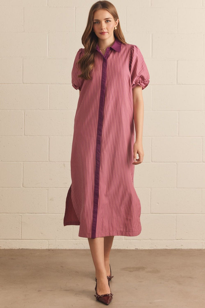 Contrast Collar Stripe Midi Dress