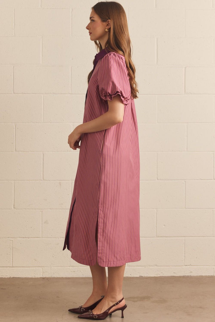 Contrast Collar Stripe Midi Dress