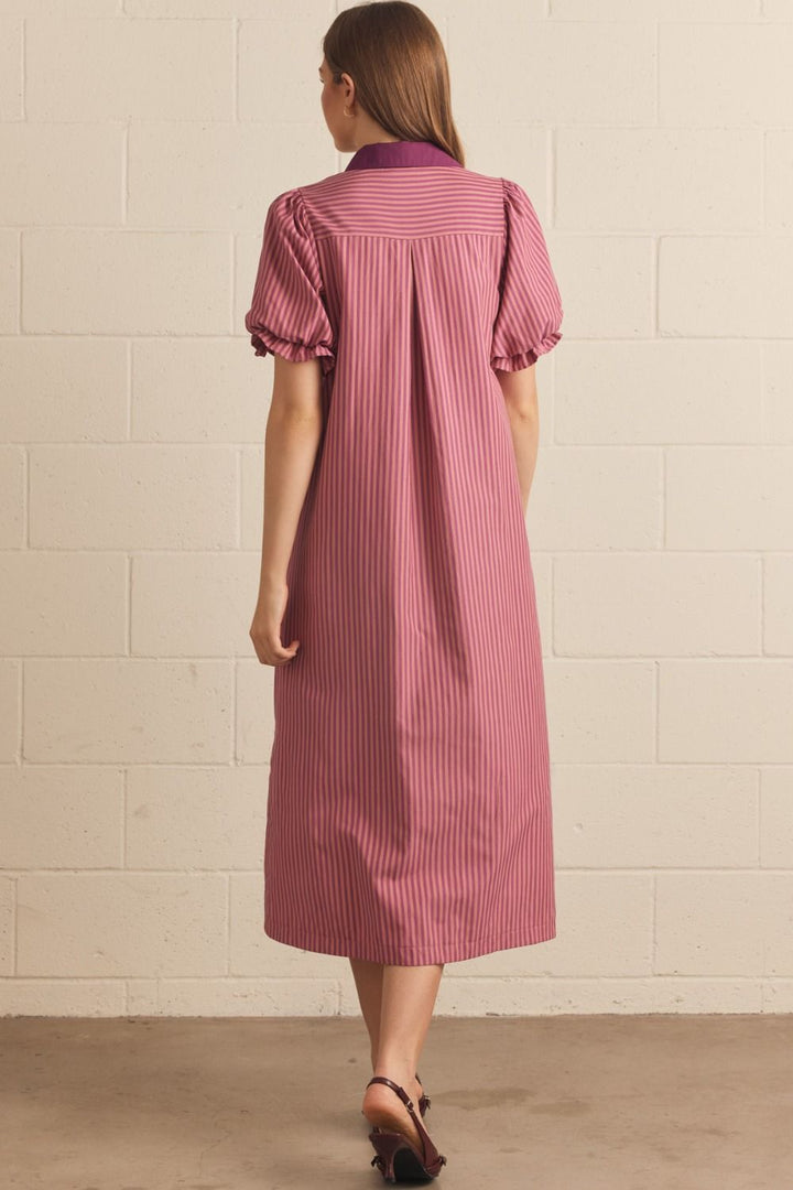 Contrast Collar Stripe Midi Dress