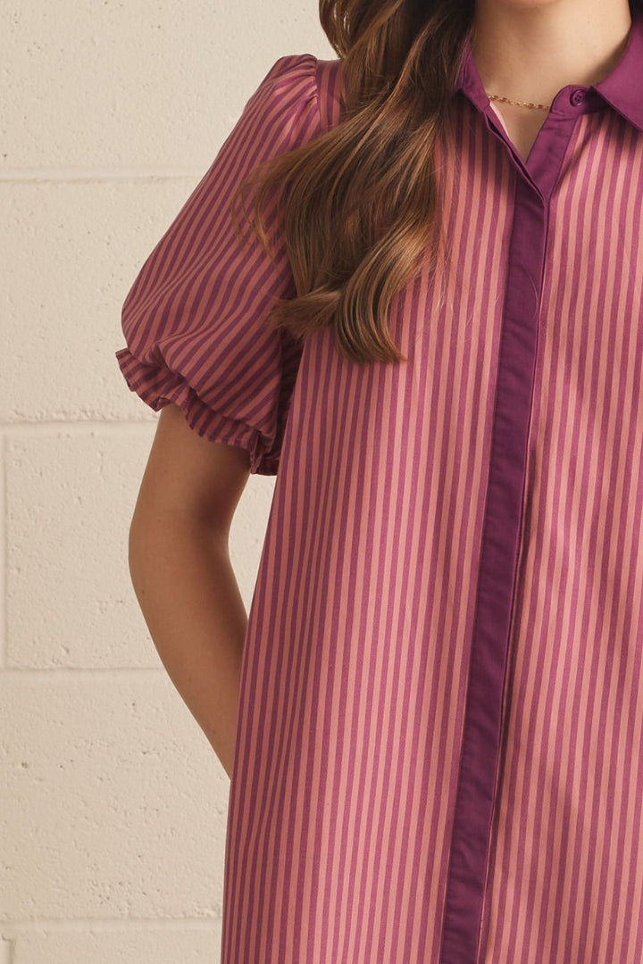Contrast Collar Stripe Midi Dress