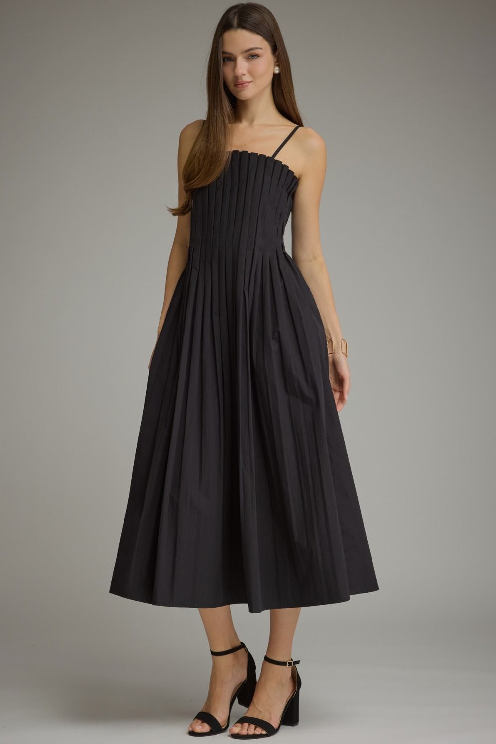 Pleated Cotton Midi Dress