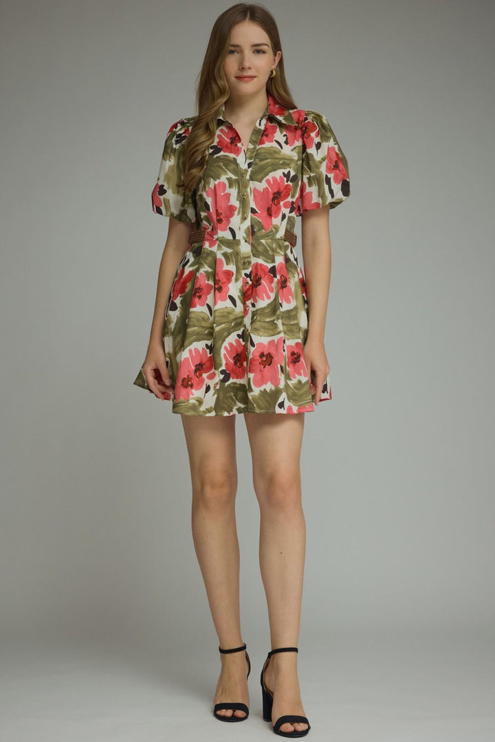 Floral V-Neck Puff Sleeve Mini Dress