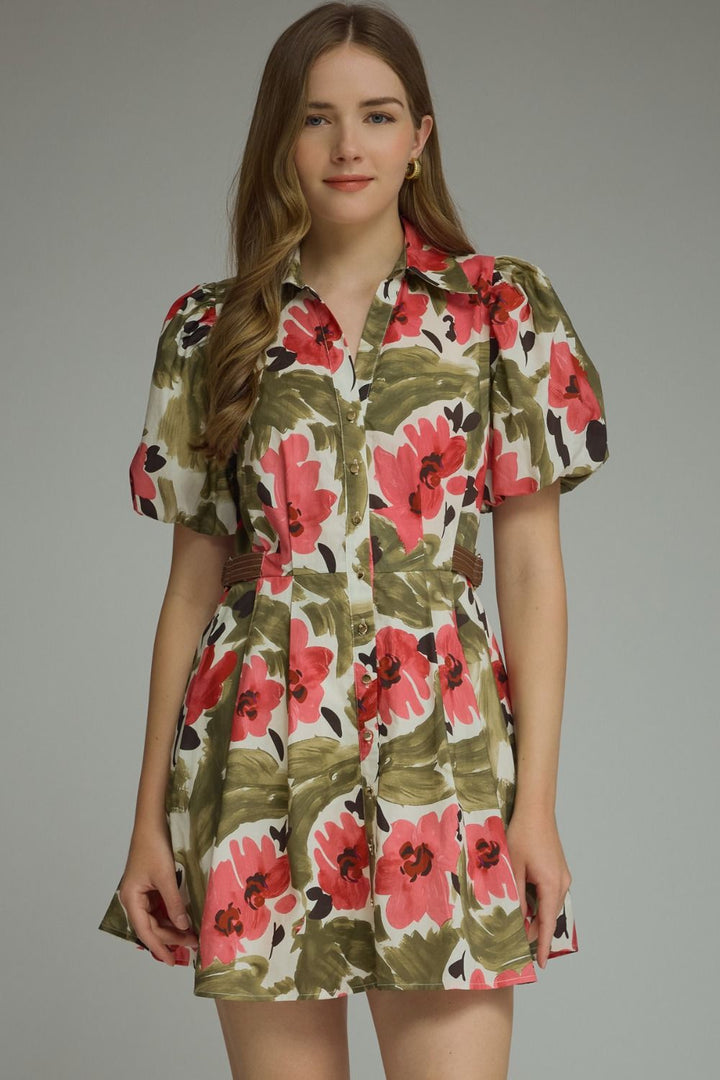Floral V-Neck Puff Sleeve Mini Dress
