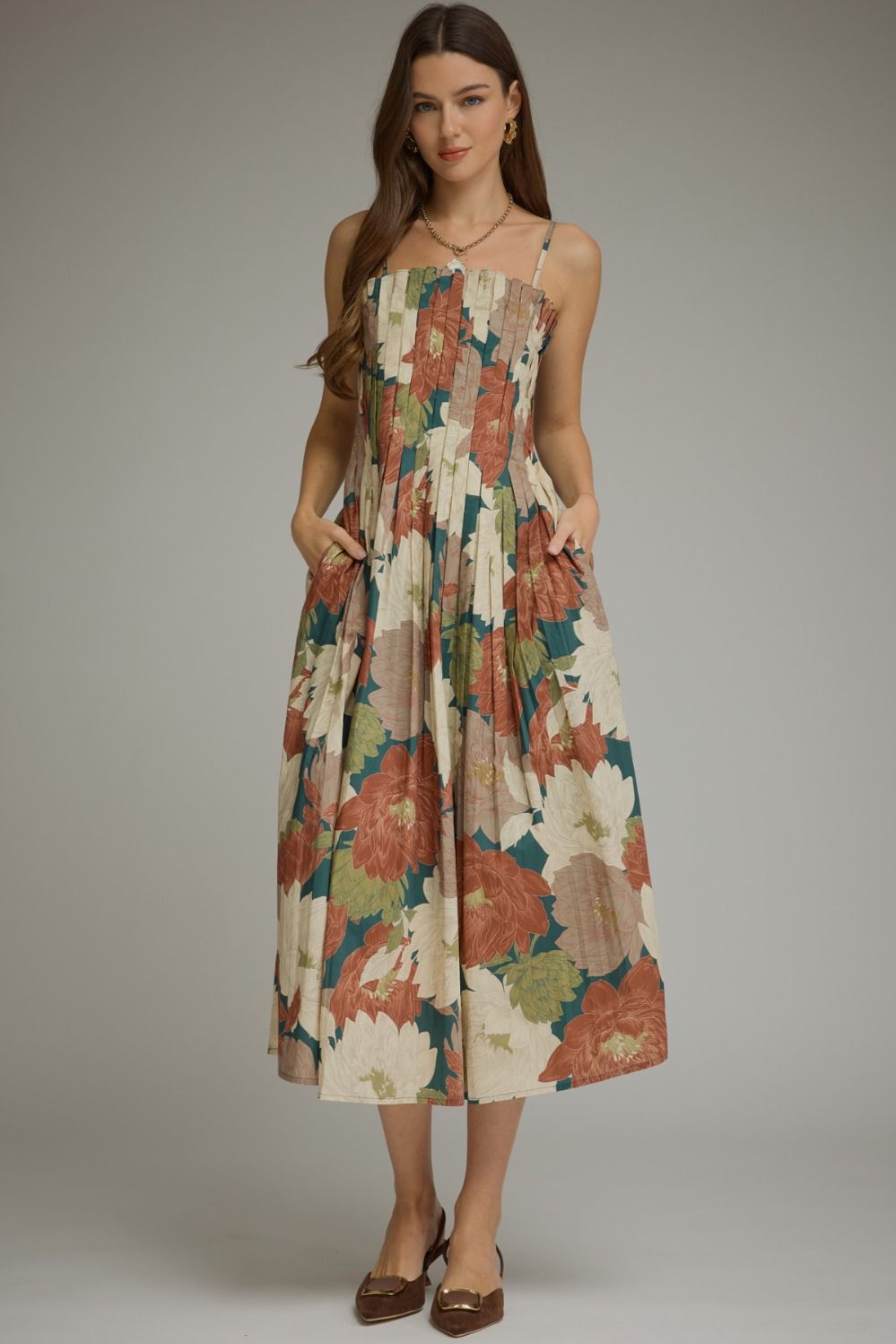 Floral Pleated Bodice Midi Dress
