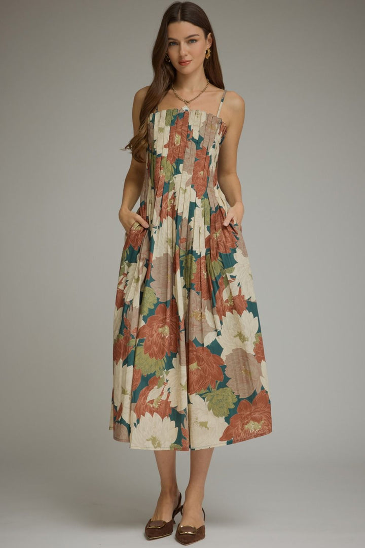 Floral Pleated Bodice Midi Dress
