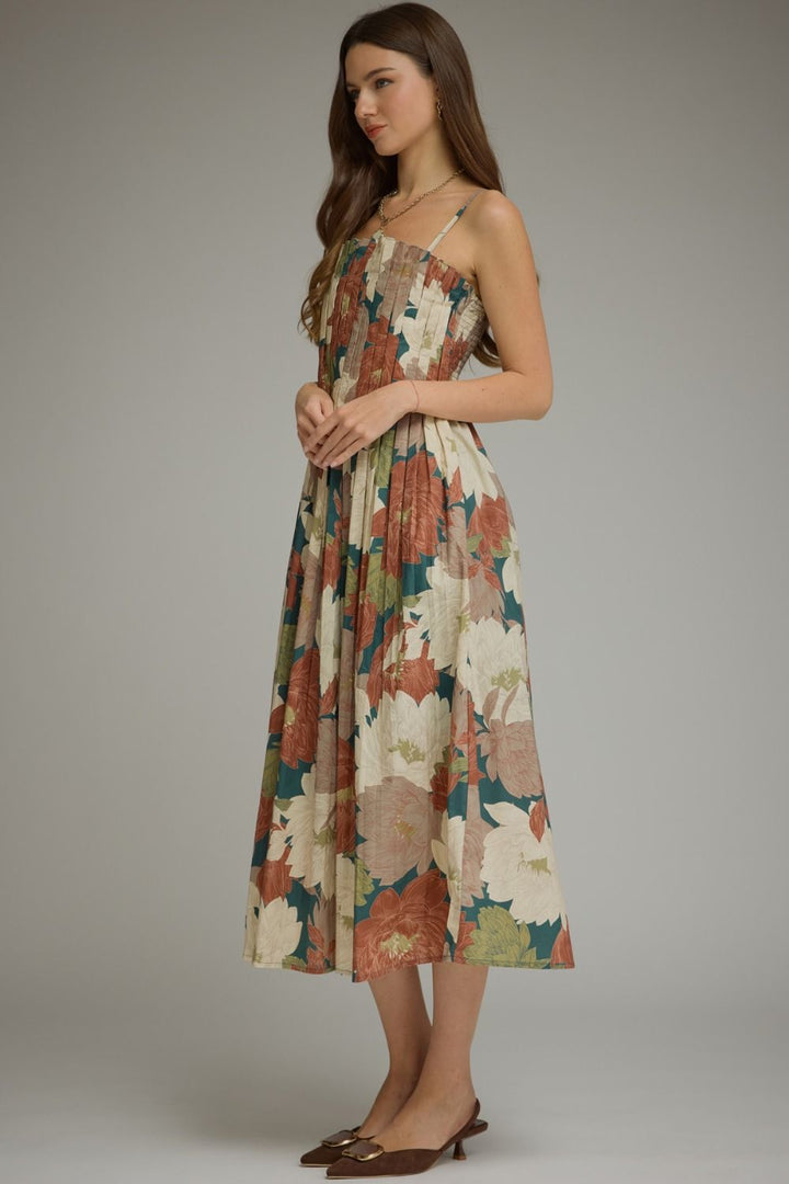 Floral Pleated Bodice Midi Dress