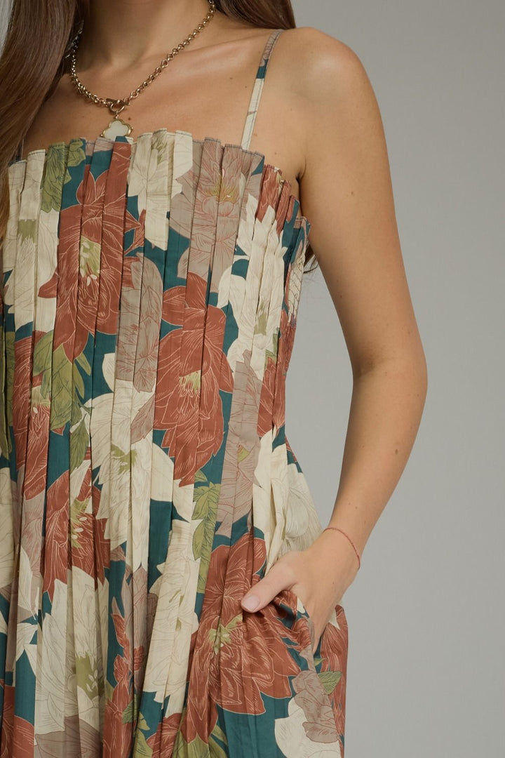 Floral Pleated Bodice Midi Dress