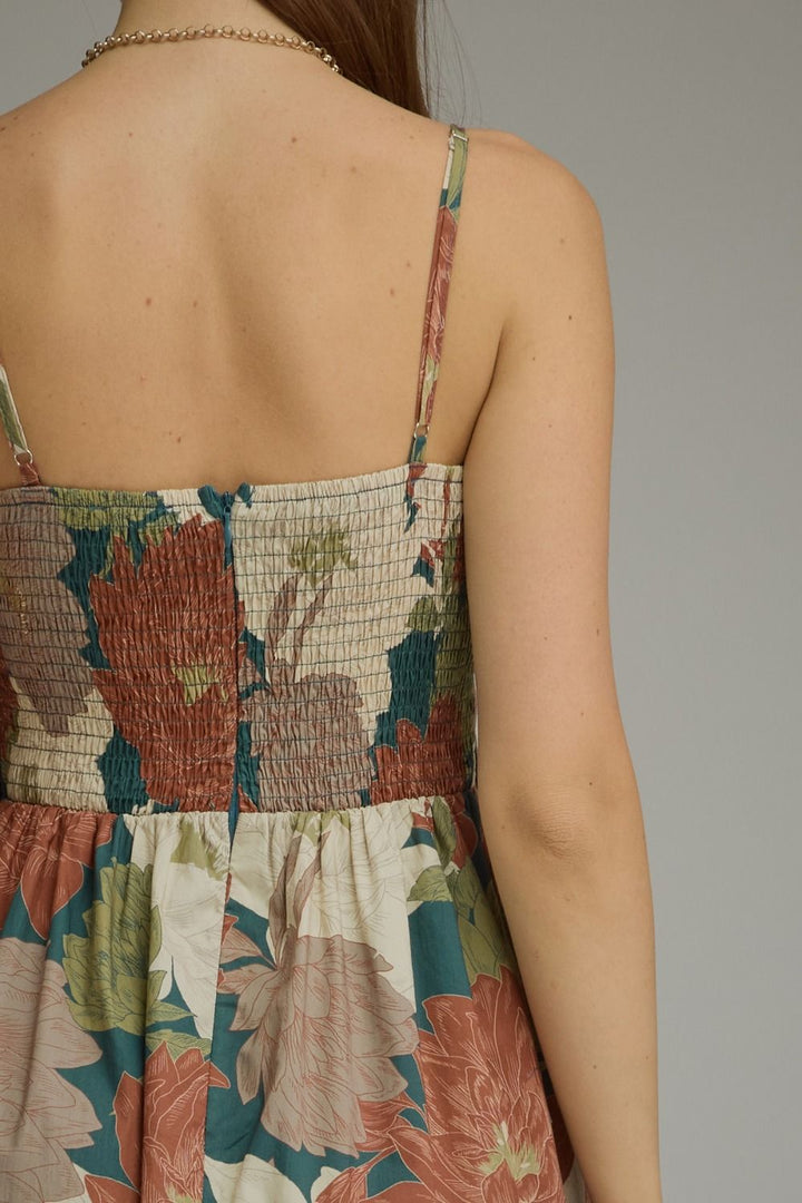 Floral Pleated Bodice Midi Dress