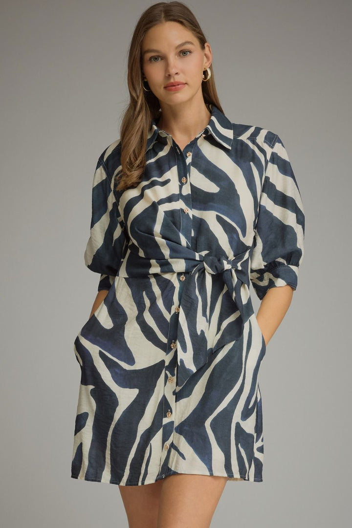 Abstract Print Belted Shirt Dress