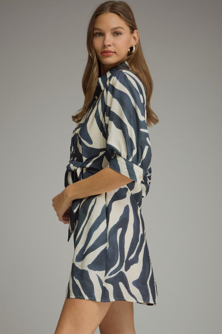 Abstract Print Belted Shirt Dress
