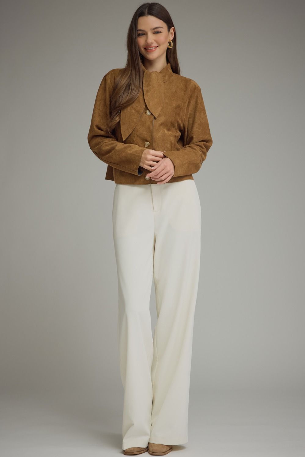 Brown Suede Tie-Neck Cropped Jacket