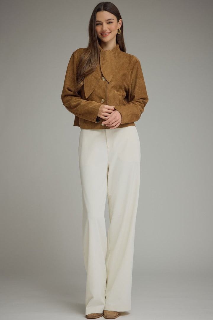 Brown Suede Tie-Neck Cropped Jacket