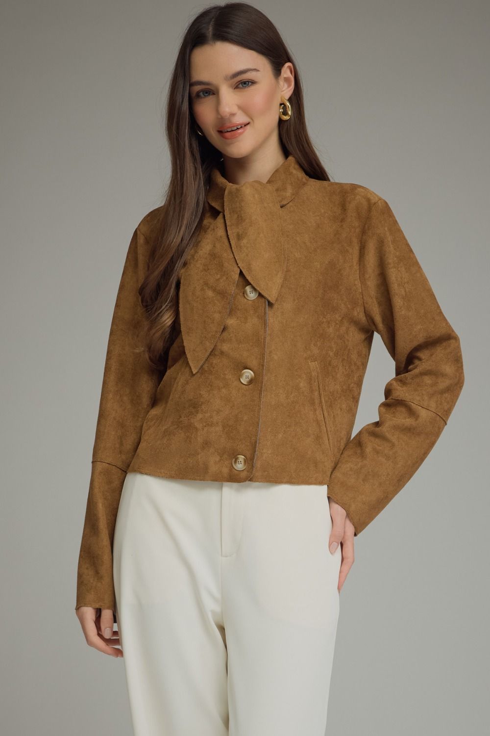Brown Suede Tie-Neck Cropped Jacket