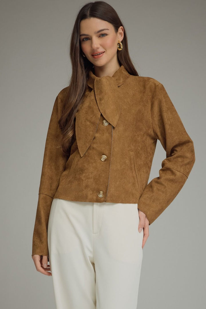 Brown Suede Tie-Neck Cropped Jacket