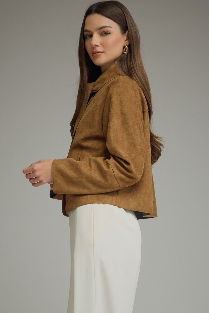 Brown Suede Tie-Neck Cropped Jacket