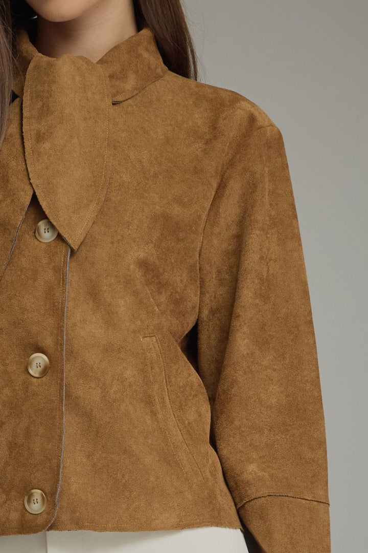 Brown Suede Tie-Neck Cropped Jacket