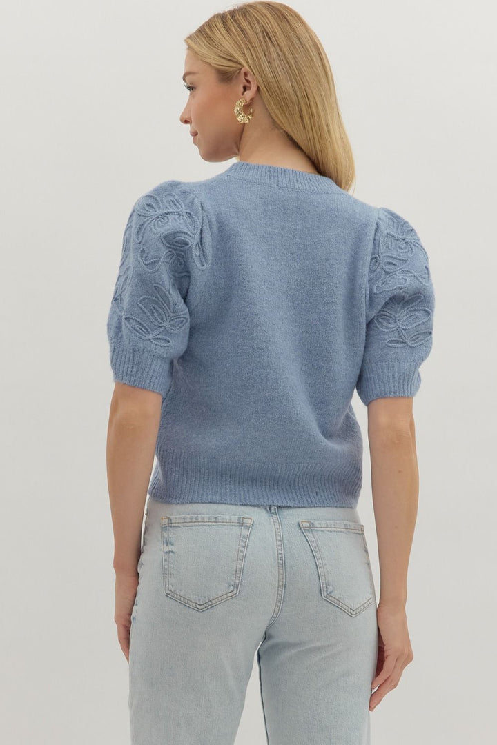 Tonal Appliqué Puff Sleeve Knit Top