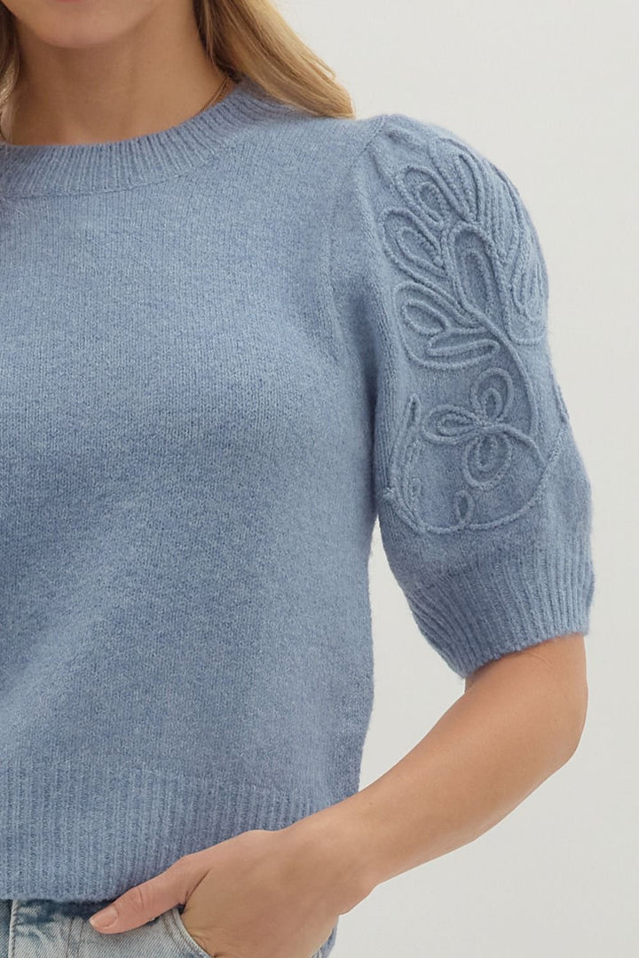 Tonal Appliqué Puff Sleeve Knit Top