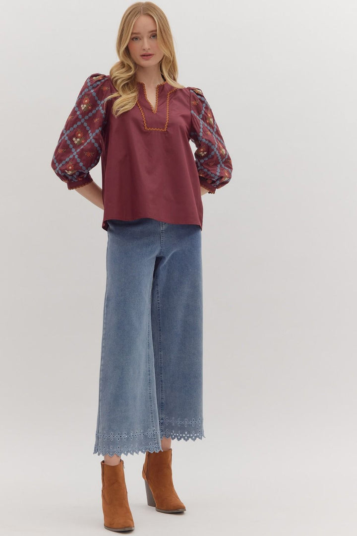 Embroidered Sleeve Scallop Trim Top
