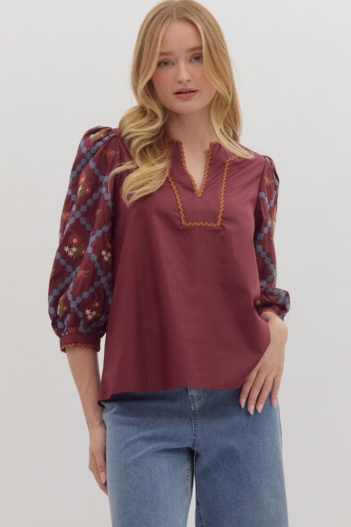 Embroidered Sleeve Scallop Trim Top