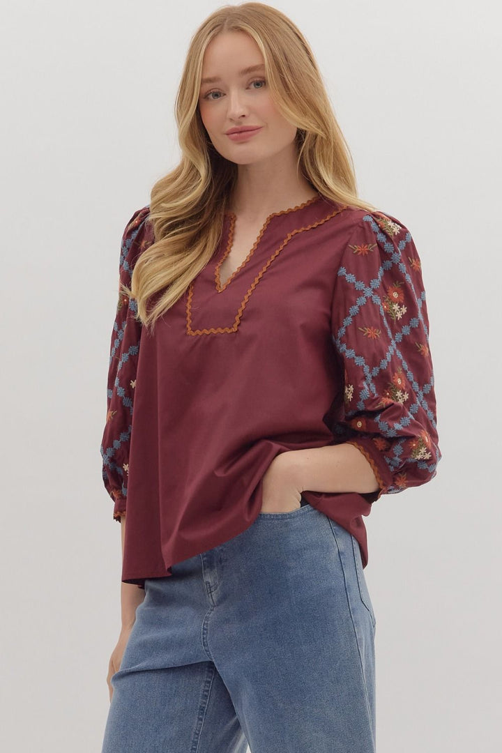 Embroidered Sleeve Scallop Trim Top