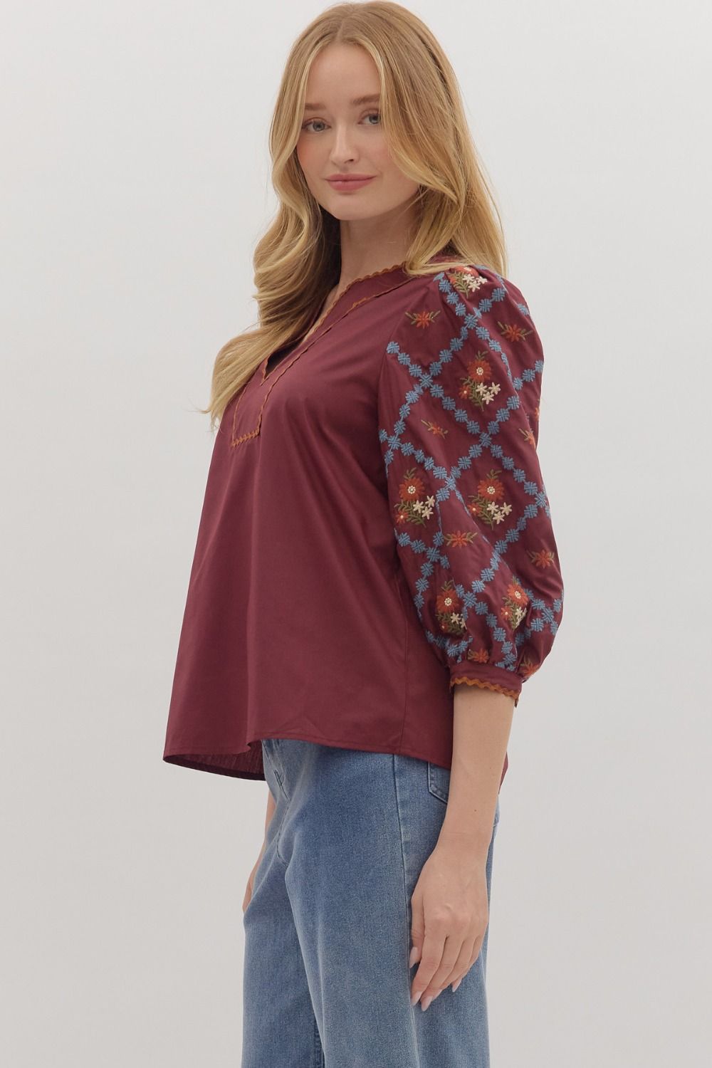 Embroidered Sleeve Scallop Trim Top