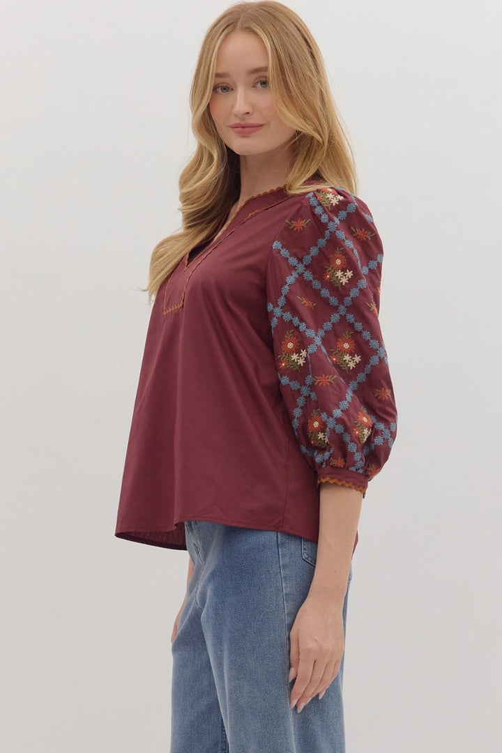 Embroidered Sleeve Scallop Trim Top