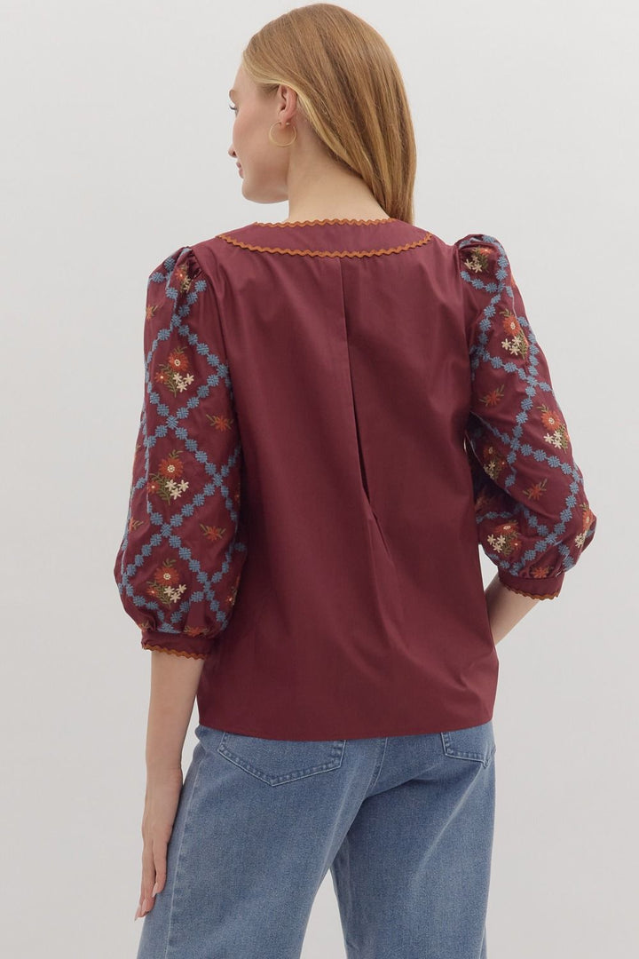 Embroidered Sleeve Scallop Trim Top