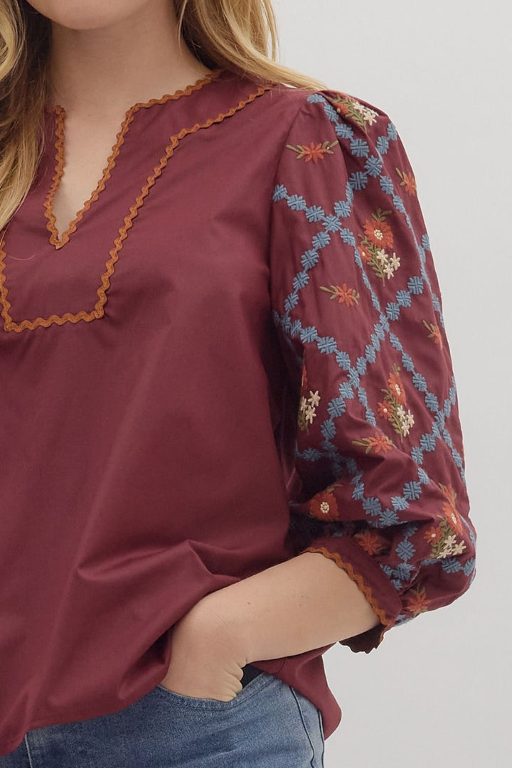 Embroidered Sleeve Scallop Trim Top