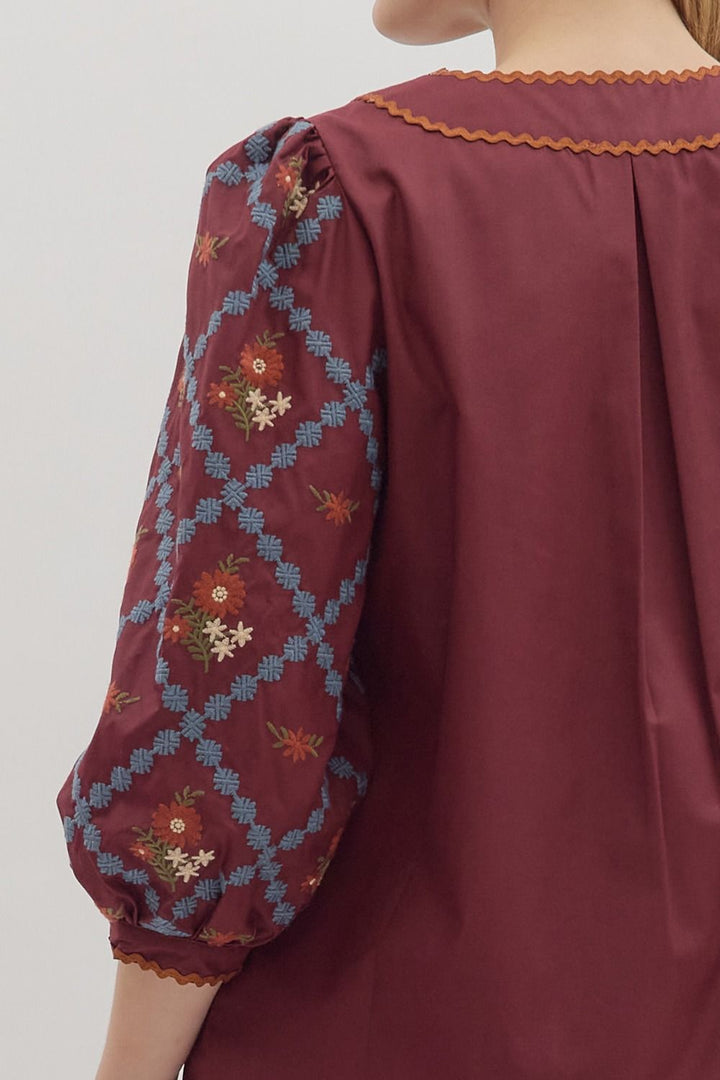 Embroidered Sleeve Scallop Trim Top