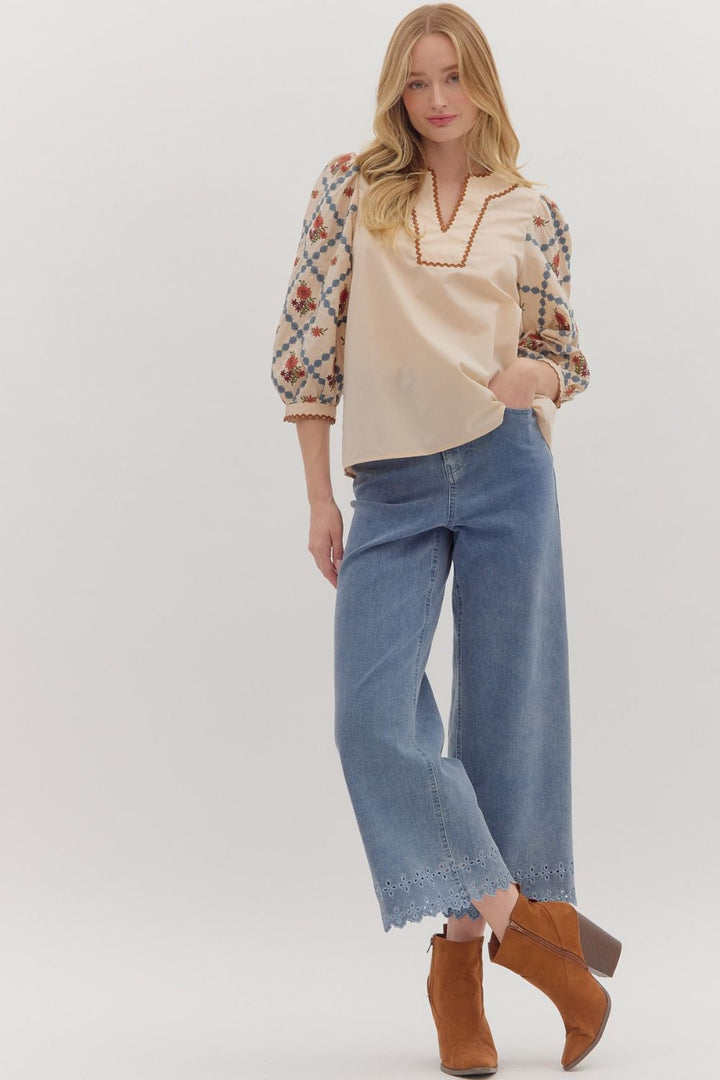 Embroidered Sleeve Scallop Trim Top