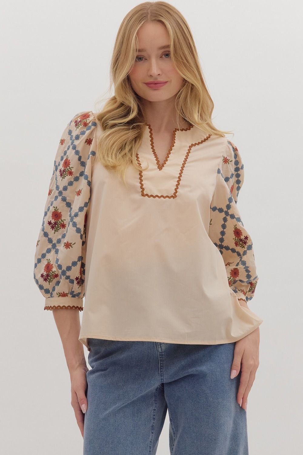 Embroidered Sleeve Scallop Trim Top