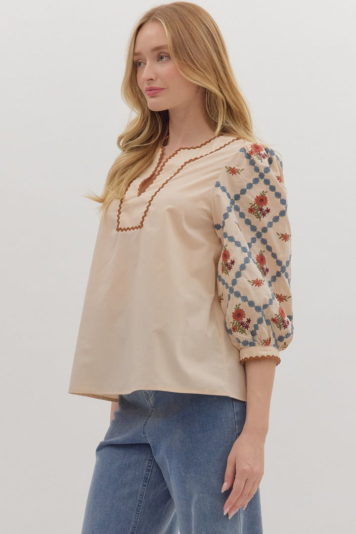 Embroidered Sleeve Scallop Trim Top