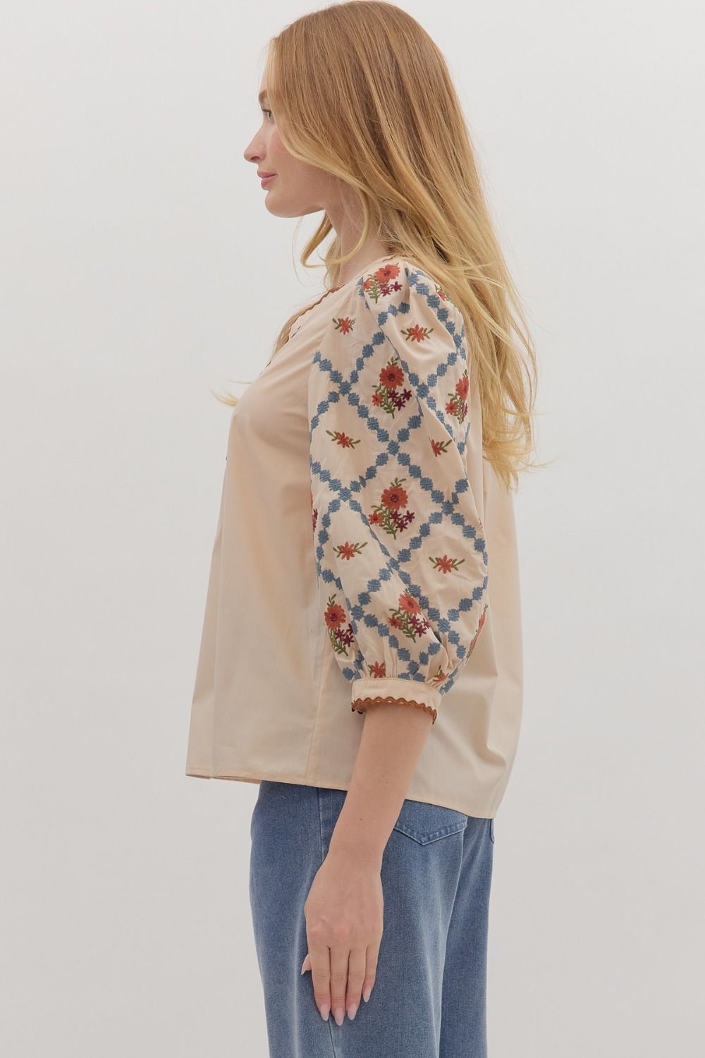 Embroidered Sleeve Scallop Trim Top