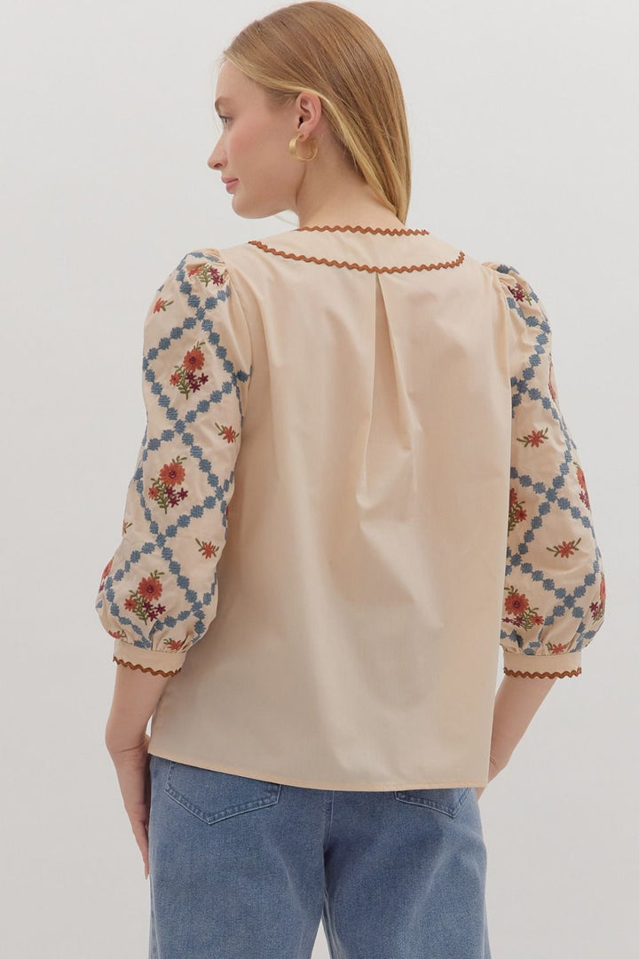 Embroidered Sleeve Scallop Trim Top