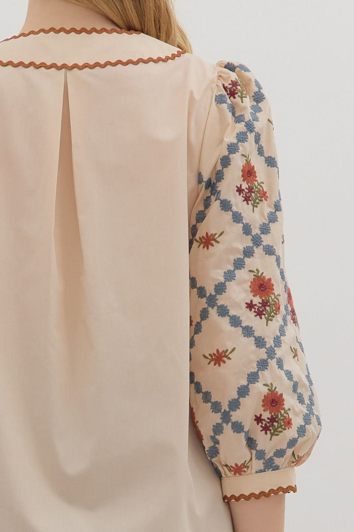 Embroidered Sleeve Scallop Trim Top