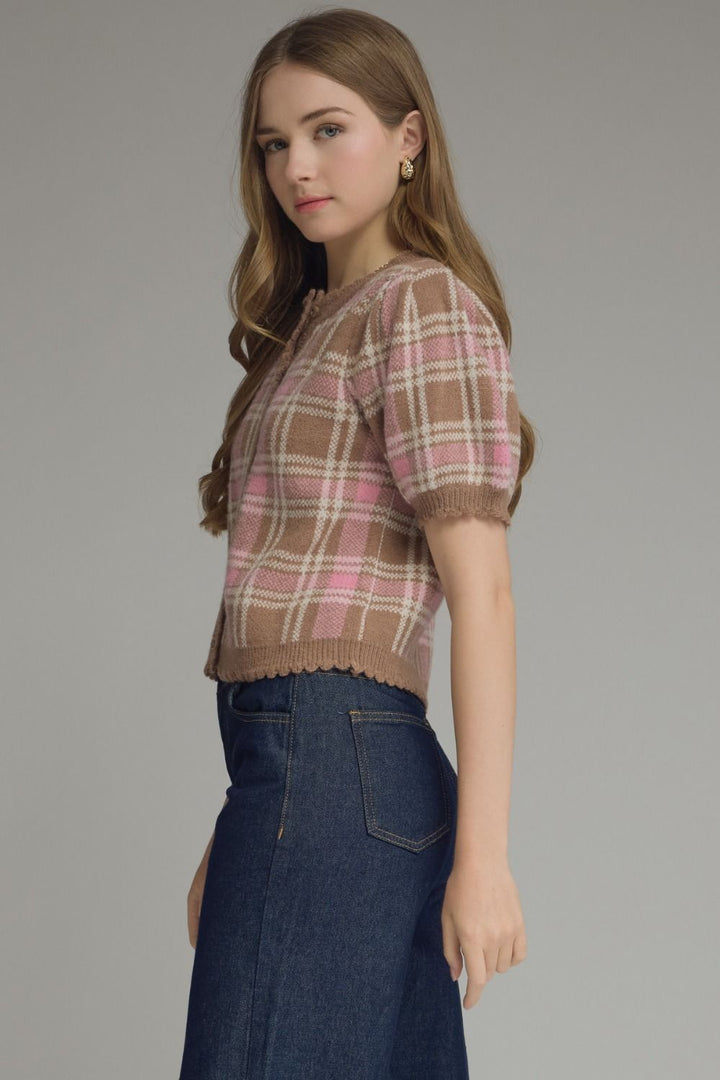 Plaid Puff Sleeve Knit Cardigan