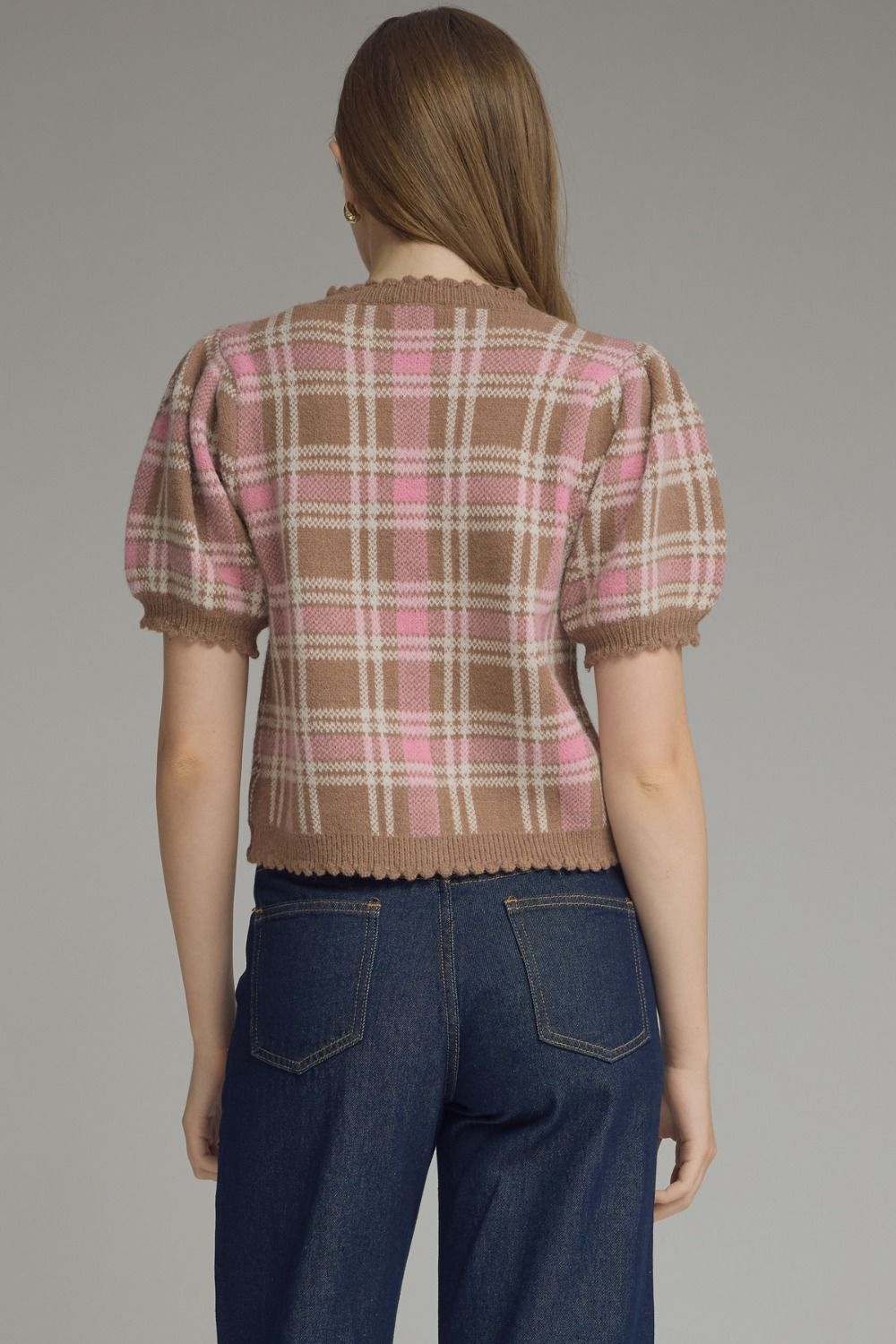 Plaid Puff Sleeve Knit Cardigan