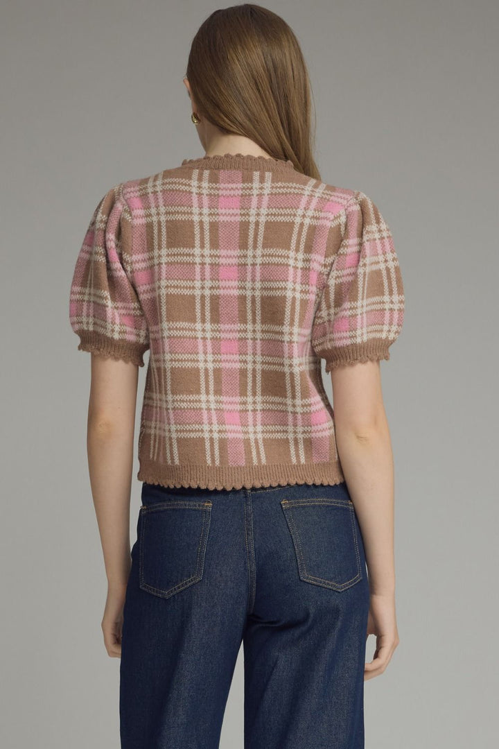 Plaid Puff Sleeve Knit Cardigan